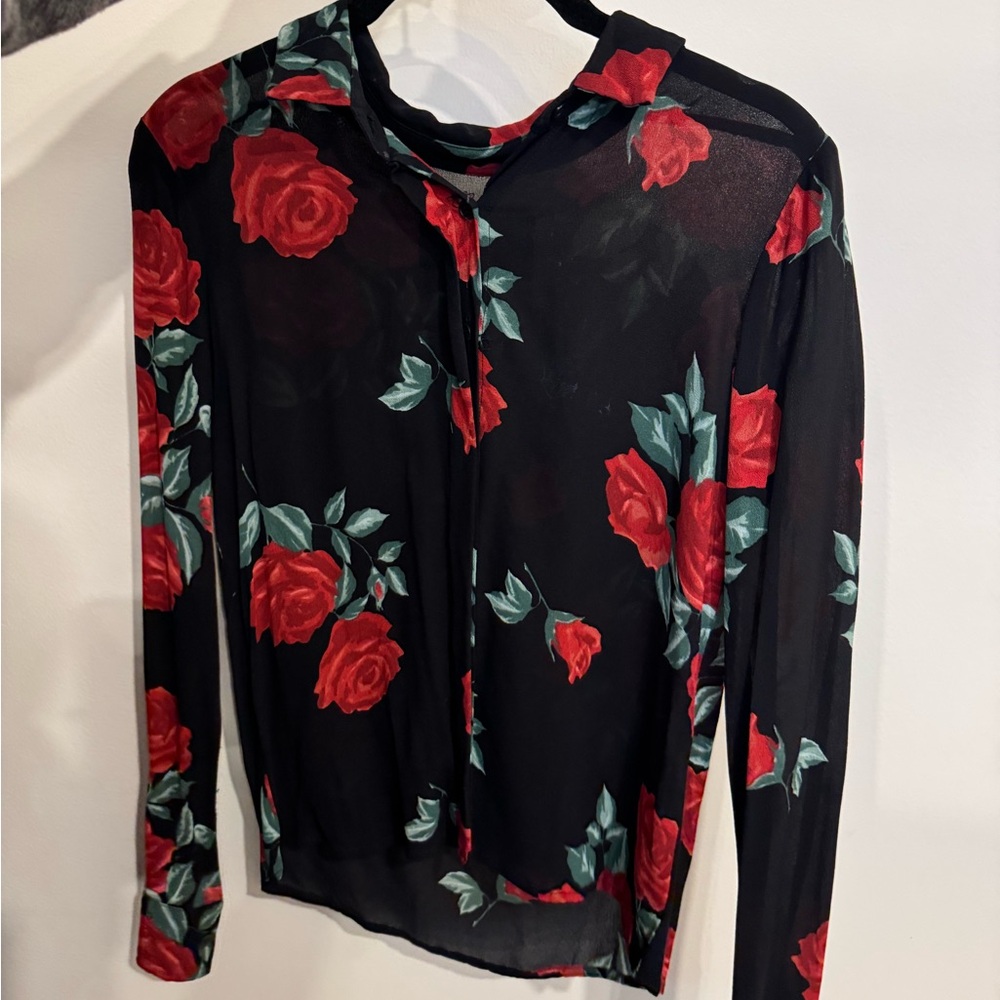 Reformation Black Sheer Long-Sleeve Top with Red Rose Print
